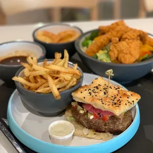 Mediterranean Burger &amp; General Tso Chicken Salad