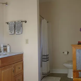 Spacious bathroom in German Room with double sink and multi-head shower/tub