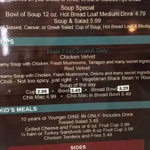 the menu for the restaurant