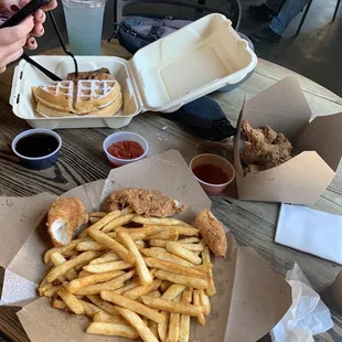 Connies Buttermilk Waffle with Chicken Breast Tenders, 2 Chicken Breast Tenders w/ Connie's Seasoned Fries, and chicken drumsticks