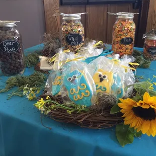 a basket of cookies and sunflowers