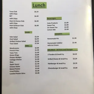 a menu for lunch