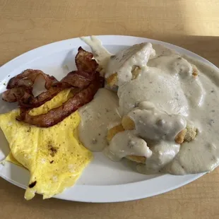 Full order of biscuits and gravy, bacon and two scrambled eggs