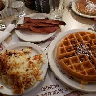 My meal: pecan waffle, hash browns, bacon. I demolished all of it.