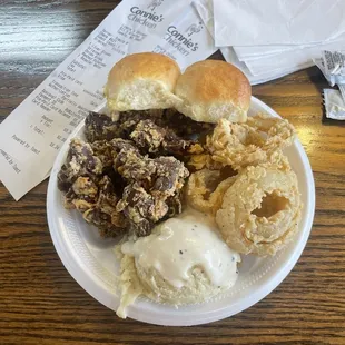 Chicken Liver Dinners. Mashed Potatoes and Onion Rings.