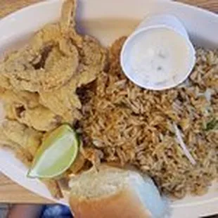 fried shrimp, rice, and bread