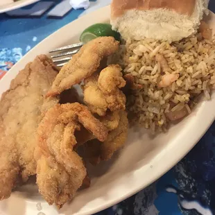 Fried fish, shrimp and shrimp fried rice