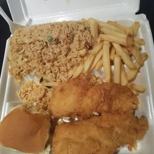 Catfish fried rice and fries