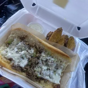 Philly Cheese Steak 5 Wings and Drink (you get a canned beverage)