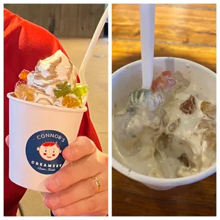 a person holding a cup of ice cream