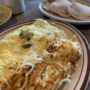Great omelette with pancakes and hash browns