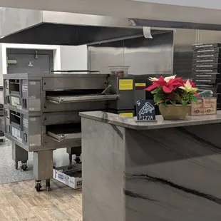 the kitchen area of a restaurant