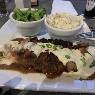 KC strip, Cole slaw, broccoli "black and blue"