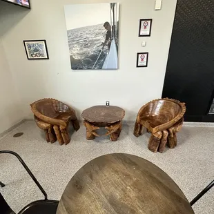 This is so unique, it is craved crab  chair and table . And the food is GREAT!!