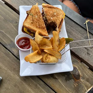 Brisket and grilled cheese sandwich.