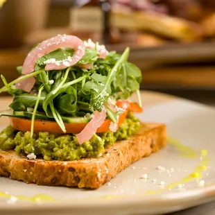 Avocado Toast:
multigrain toast, arugula
cucumber, heirloom tomato, cotija
pickled onions