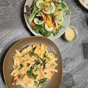 Side Salad and shrimp and andouille sausage pasta