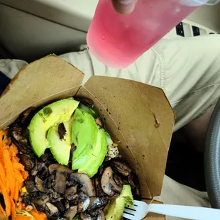 Bella Wrap Made as a salad with avocado    Free Raspberry Hibiscus Iced Tea with Check-in on Yelp!