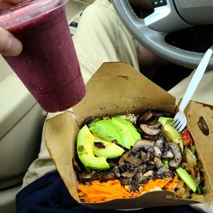 Bella Wrap Made as a salad with avocado   Berry Smoothie
