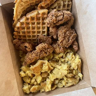 Chicken and waffles with a side of eggs