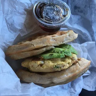 Breakfast Sandwich TOGO = Wheat-Free Spelt Waffles + Chickpea Eggs scrambled with Zuchinni &amp; Onion + Avocado Slices  #YUMMIE