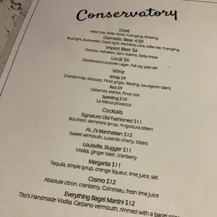 the menu for the restaurant