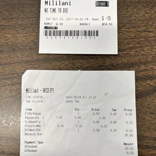 Movie ticket and food receipt.