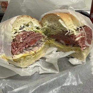 Pastrami and salami make you say oh mommy. Soft roll everything but tomatoes.