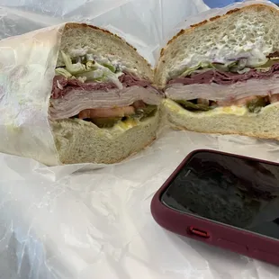 Gigantic sandwich, sooo good. iPhone for scale.