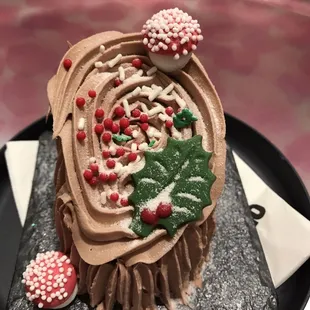 Bûche de Noël with marzipan mushrooms