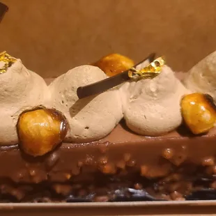 a chocolate cake with ice cream and nuts