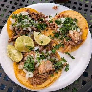 Carne asada, carnitas, and chili Verde tacos.