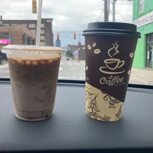 Hot latte and iced mocha