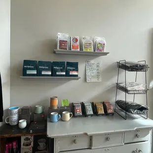 a coffee station with a variety of coffees