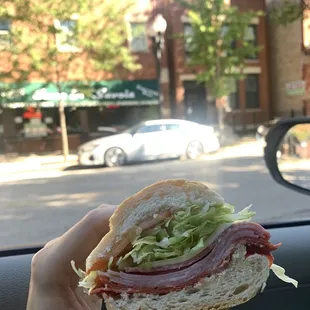 a person holding a sandwich