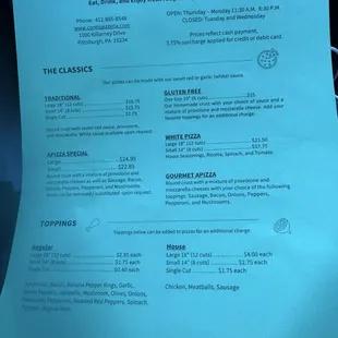 Front side of the current Conti's Pizzeria menu.