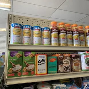 a shelf full of food items