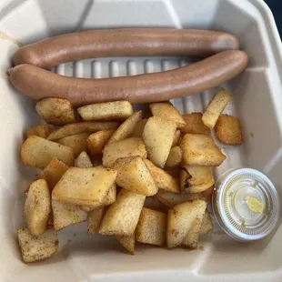 German hotdogs and fried potatoes.