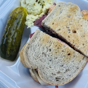 Corned beef Reuben on rye bread.