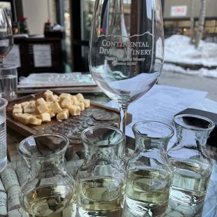 White wine flight and cheese board we set up as the cheese board comes in packaging