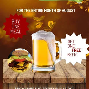 SPECIAL AUGUST OFFER

For the entire month of august, when you buy a mean you get a free beer at Continental Kitchen BH, 8300 Wilshire.