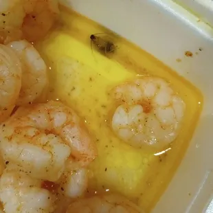 shrimp in oil in a styrofoam container