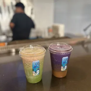 Cherry blossom matcha and ube latte