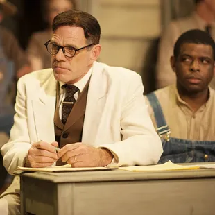 Mark Manske as Atticus Finch and Khary L. Moye as Tom Robinson in TO KILL AT MOCKINGBIRD at CCCT, playing Nov 21-Dec 14, 2014.