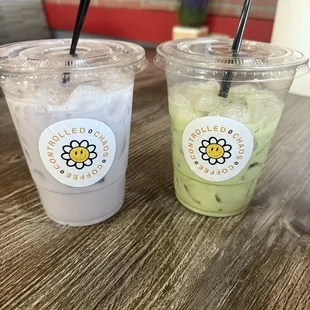 Taro milk tea (left) and iced matcha latte (right)