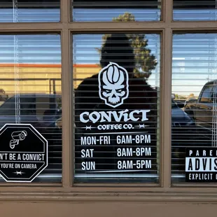 Hours of operation as of 10/2024 with some cool signage.  I always LOVE the "Parental Advisory" sticker