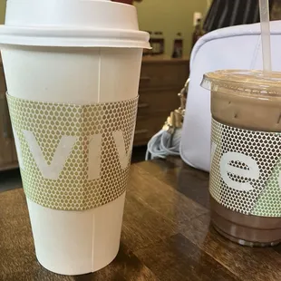 Large latte and 16 oz iced coconut mocha