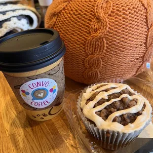 A hot Caramel Banana Latte w/Oat Milk and their New Pumpkin Spice Muffin.