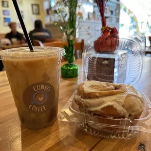 Raspberry White Mocha with Oat Milk and their infamous Cinnamon Roll