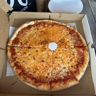 a cheese pizza in a box
